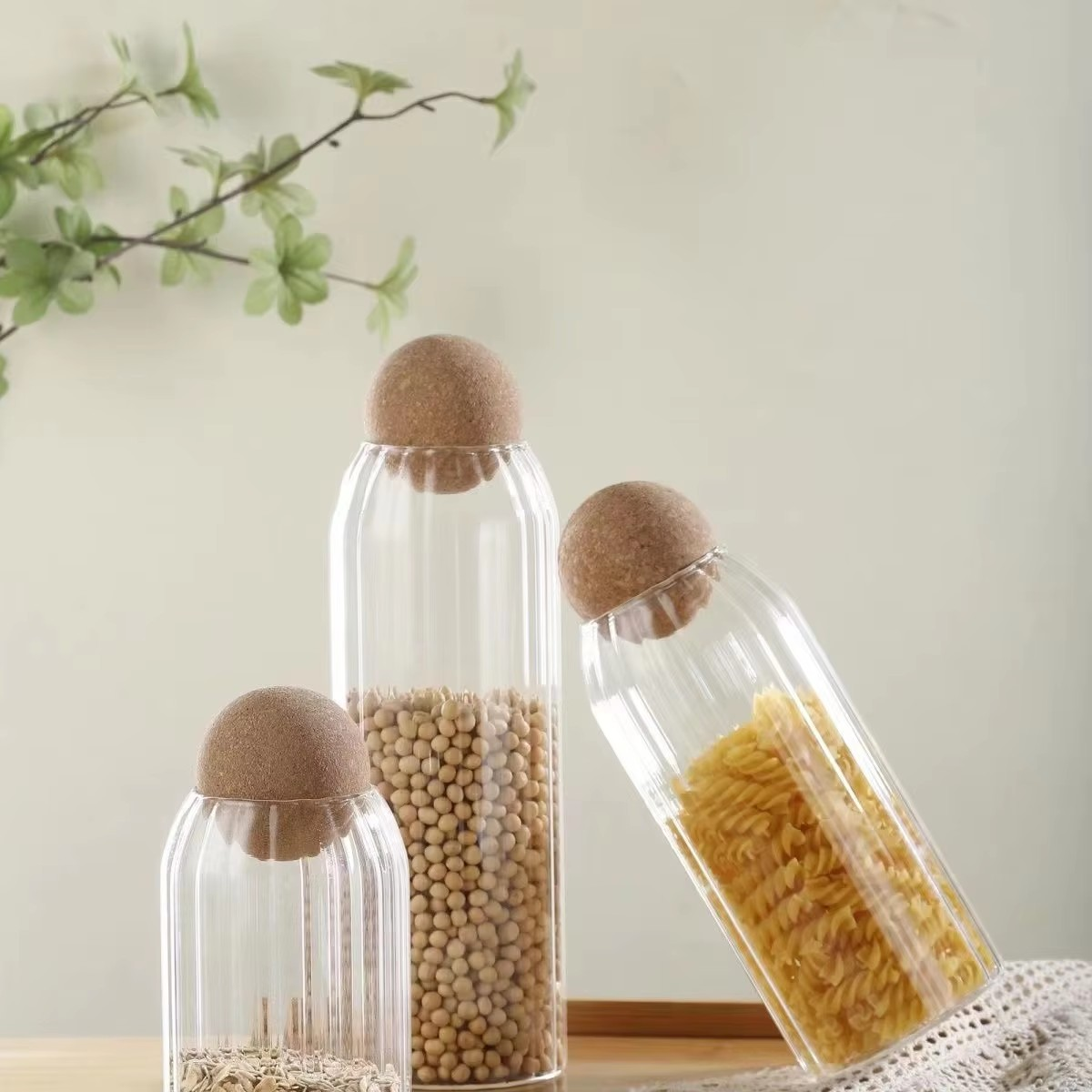 Gestreepte glazen voorraadpot Ronde kurkbol