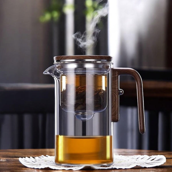 Theepot Glas Met Houten Handvat en Filter