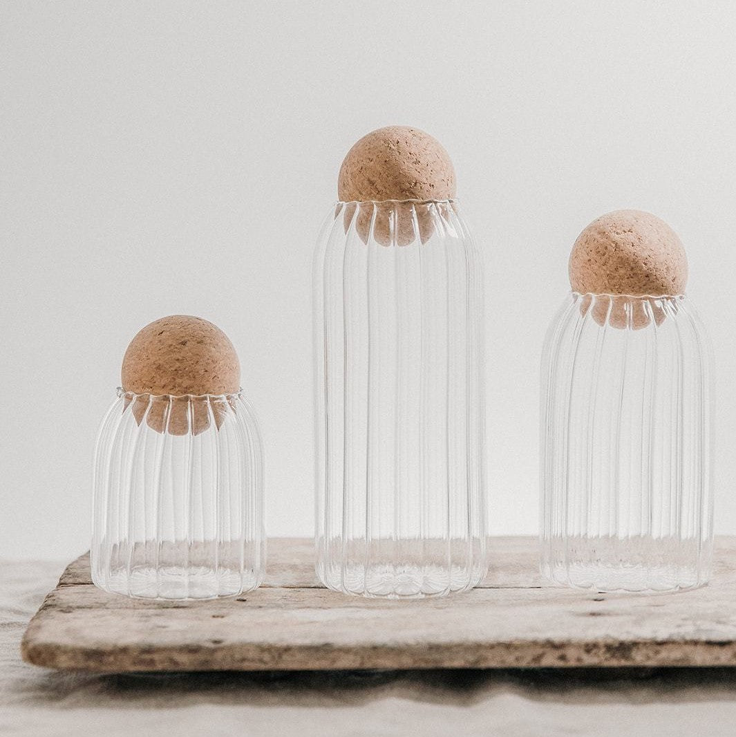 Gestreepte glazen voorraadpot Ronde kurkbol