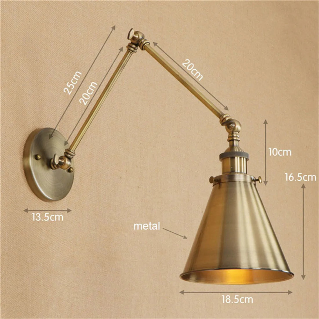 Vintage Industriële Kegelvormige Verstelbare Wandlamp met Lange Arm