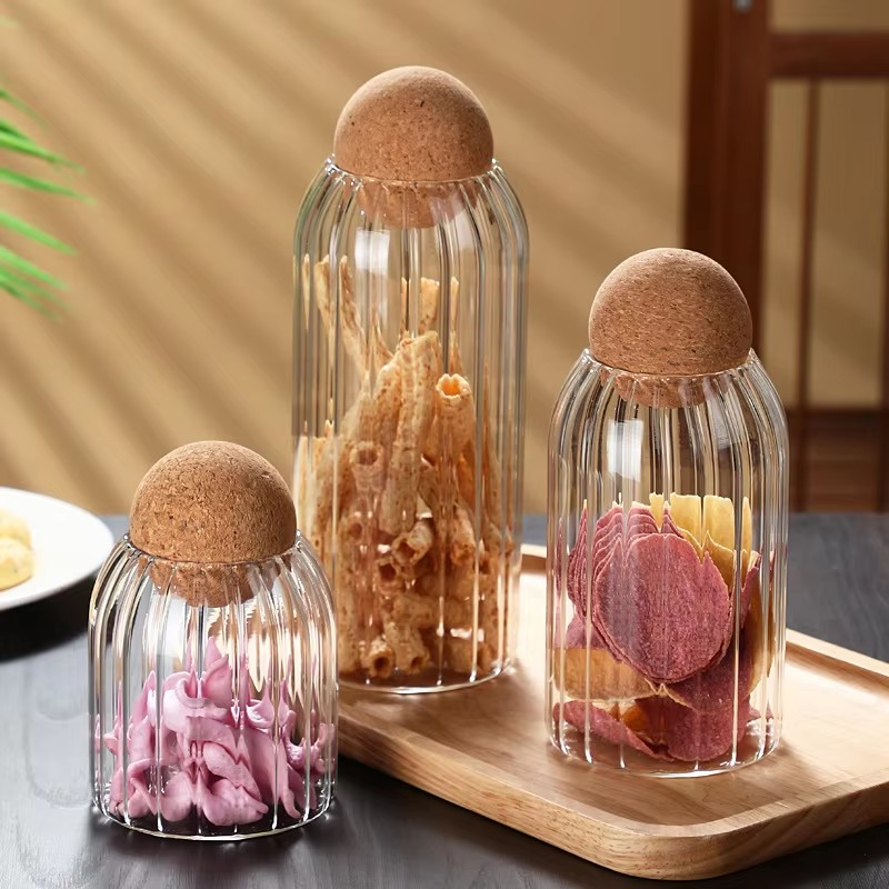 Gestreepte glazen voorraadpot Ronde kurkbol