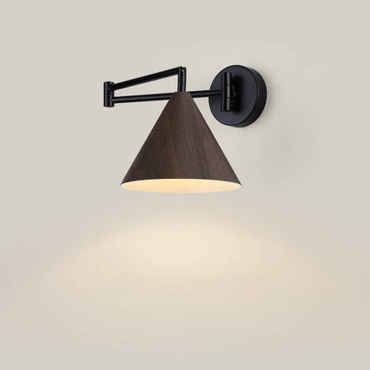 Noordse Minimalistische Kegel Swingarm Houtnerf IJzer 1-Licht Wandlamp