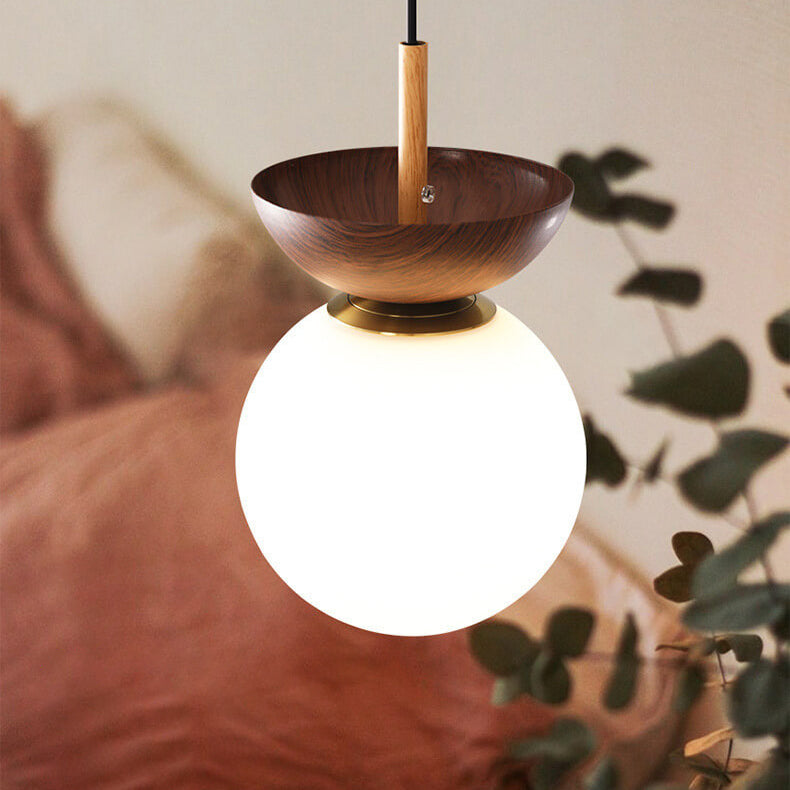 Noordse Japanse Glazen Bol Houtnerf IJzer 1-Lichts Plafondlamp