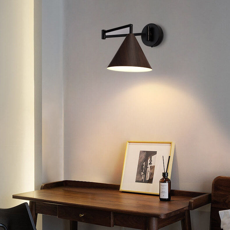 Noordse Minimalistische Kegel Swingarm Houtnerf IJzer 1-Licht Wandlamp