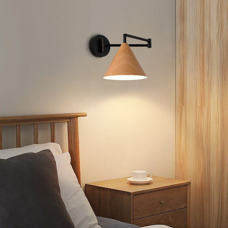 Noordse Minimalistische Kegel Swingarm Houtnerf IJzer 1-Licht Wandlamp