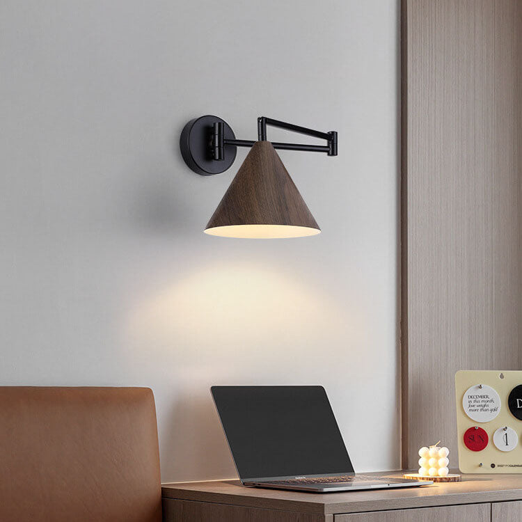 Noordse Minimalistische Kegel Swingarm Houtnerf IJzer 1-Licht Wandlamp