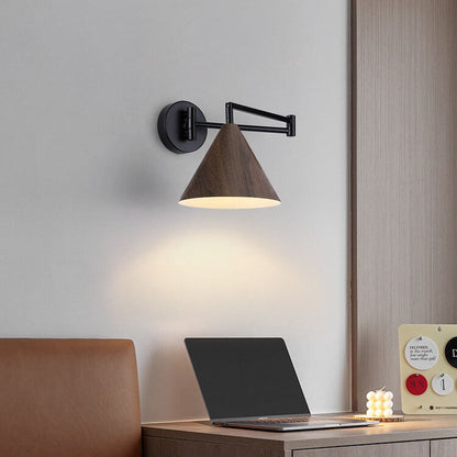 Noordse Minimalistische Kegel Swingarm Houtnerf IJzer 1-Licht Wandlamp