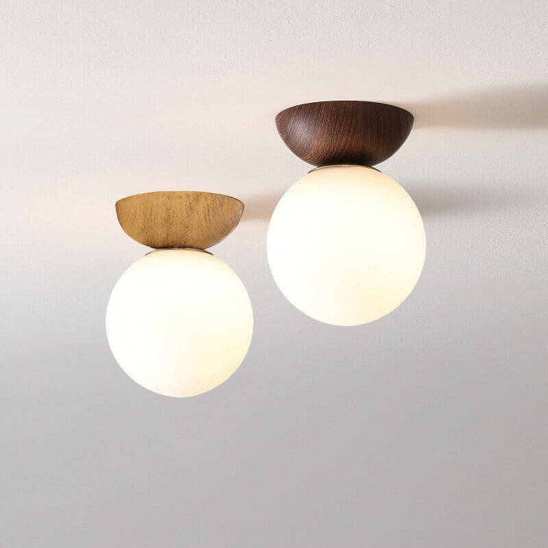 Noordse Japanse Glazen Bol Houtnerf IJzer 1-Lichts Plafondlamp