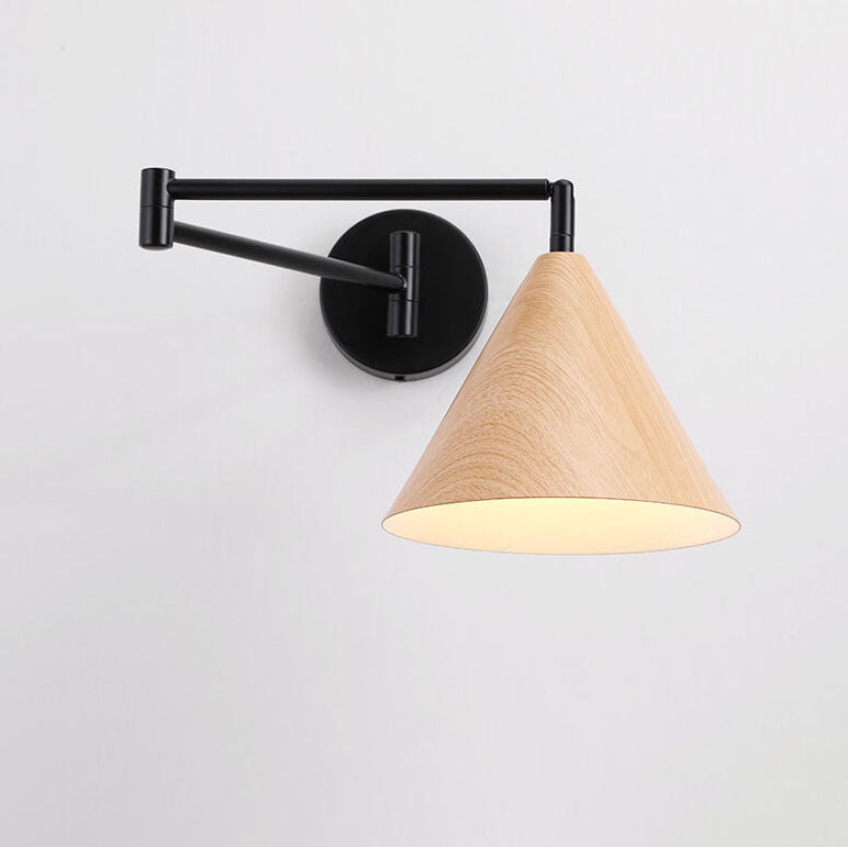 Noordse Minimalistische Kegel Swingarm Houtnerf IJzer 1-Licht Wandlamp