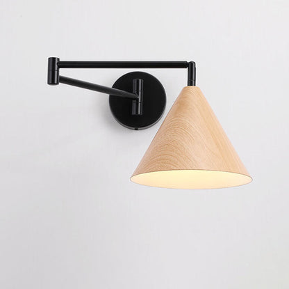 Noordse Minimalistische Kegel Swingarm Houtnerf IJzer 1-Licht Wandlamp