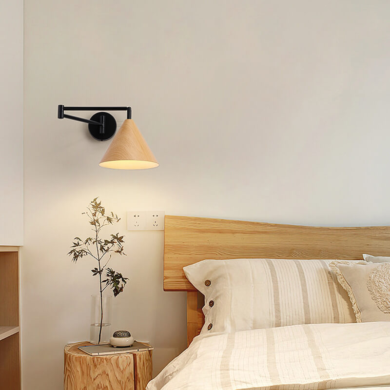 Noordse Minimalistische Kegel Swingarm Houtnerf IJzer 1-Licht Wandlamp