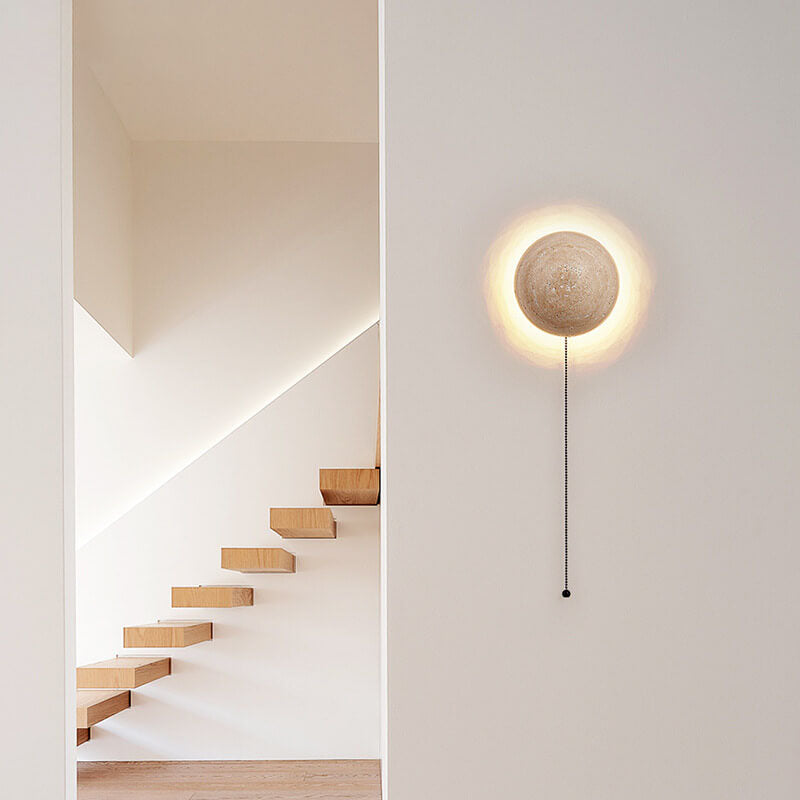Japanse Minimalistische Ronde Gele Travertijn Wabi-Sabi LED Wandlamp
