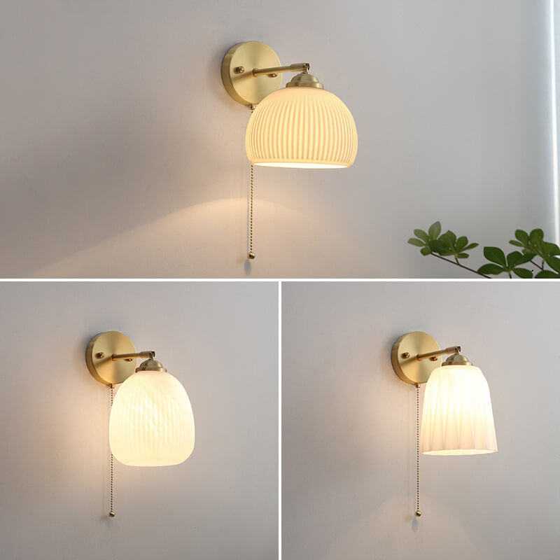 Noordse Gestreepte Melk Witte Glas Messing 1-Licht Trekkoord Wandlamp