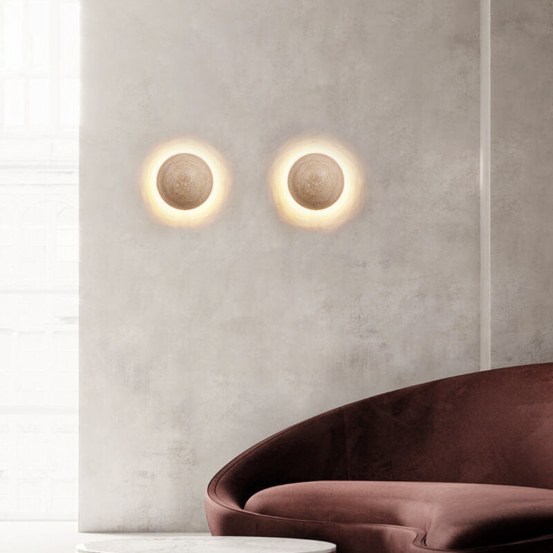 Japanse Minimalistische Ronde Gele Travertijn Wabi-Sabi LED Wandlamp