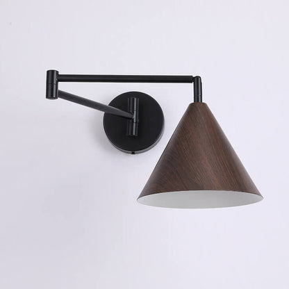 Noordse Minimalistische Kegel Swingarm Houtnerf IJzer 1-Licht Wandlamp