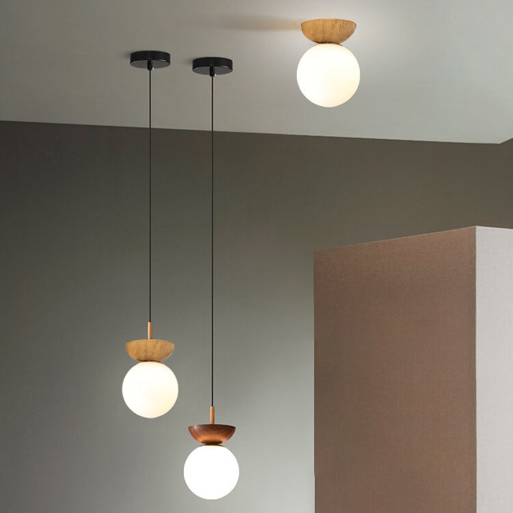 Noordse Japanse Glazen Bol Houtnerf IJzer 1-Lichts Plafondlamp