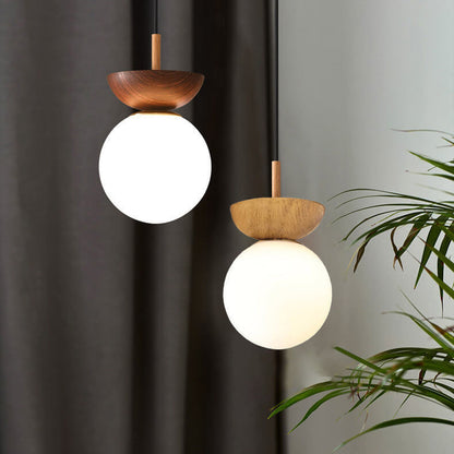 Noordse Japanse Glazen Bol Houtnerf IJzer 1-Lichts Plafondlamp