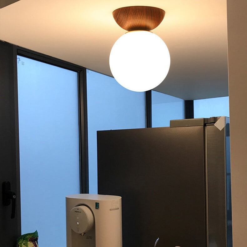 Noordse Japanse Glazen Bol Houtnerf IJzer 1-Lichts Plafondlamp
