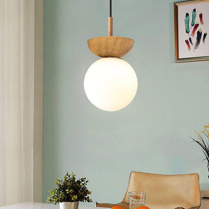 Noordse Japanse Glazen Bol Houtnerf IJzer 1-Lichts Plafondlamp