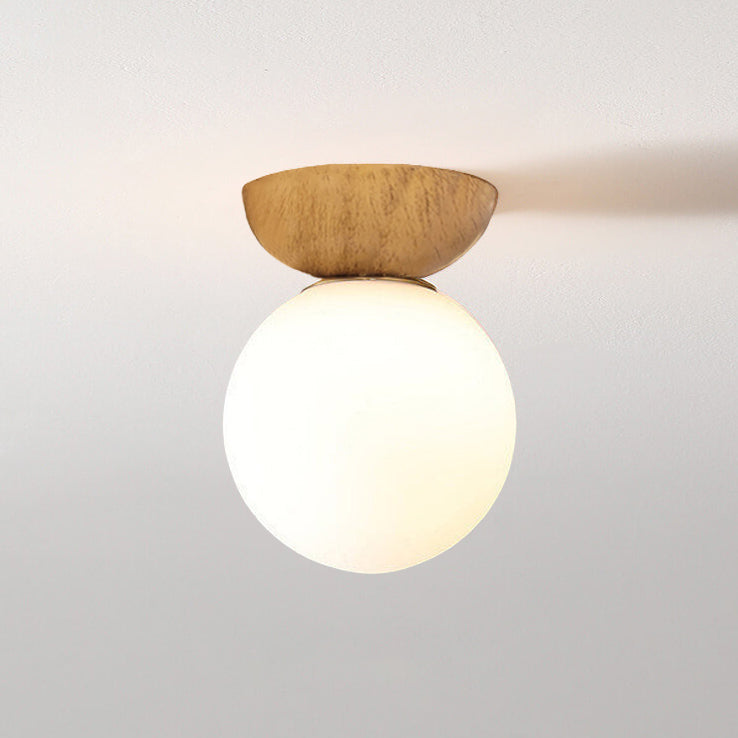 Noordse Japanse Glazen Bol Houtnerf IJzer 1-Lichts Plafondlamp