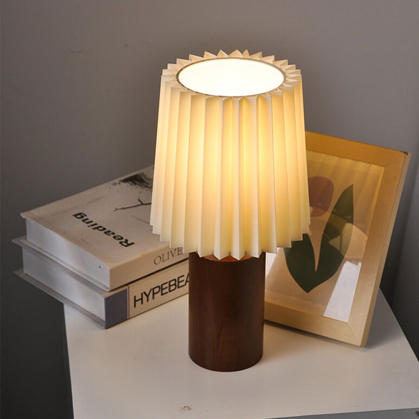 Vintage Koreaanse Geplooide Kolom Massief Houten Basis 1-Lichts Tafellamp