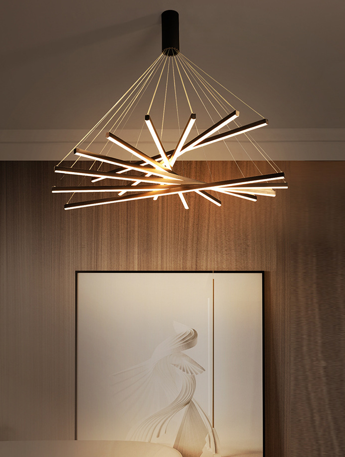 Zwarte Sticks LED Kroonluchter Licht Novelty Minimalistische Metalen Hanglamp voor Lobby