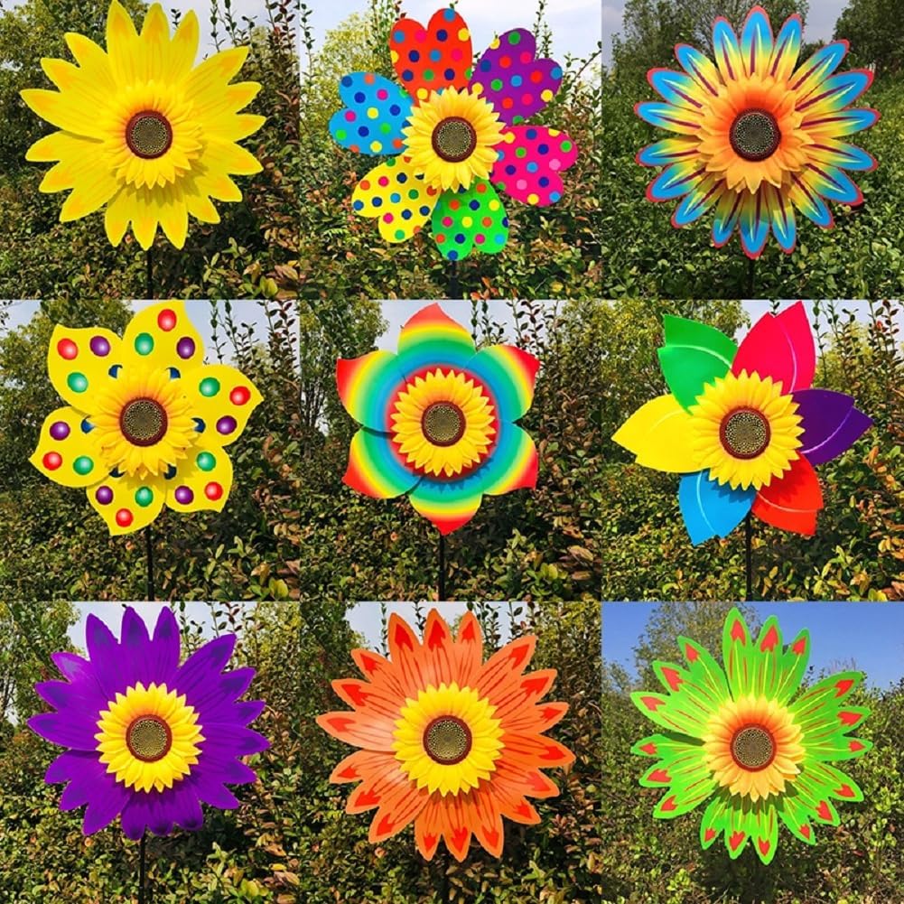 Draaiende zonnebloem-windmolen op stok – decoratieve tuinsteker voor gazon, feestjes en picknicks