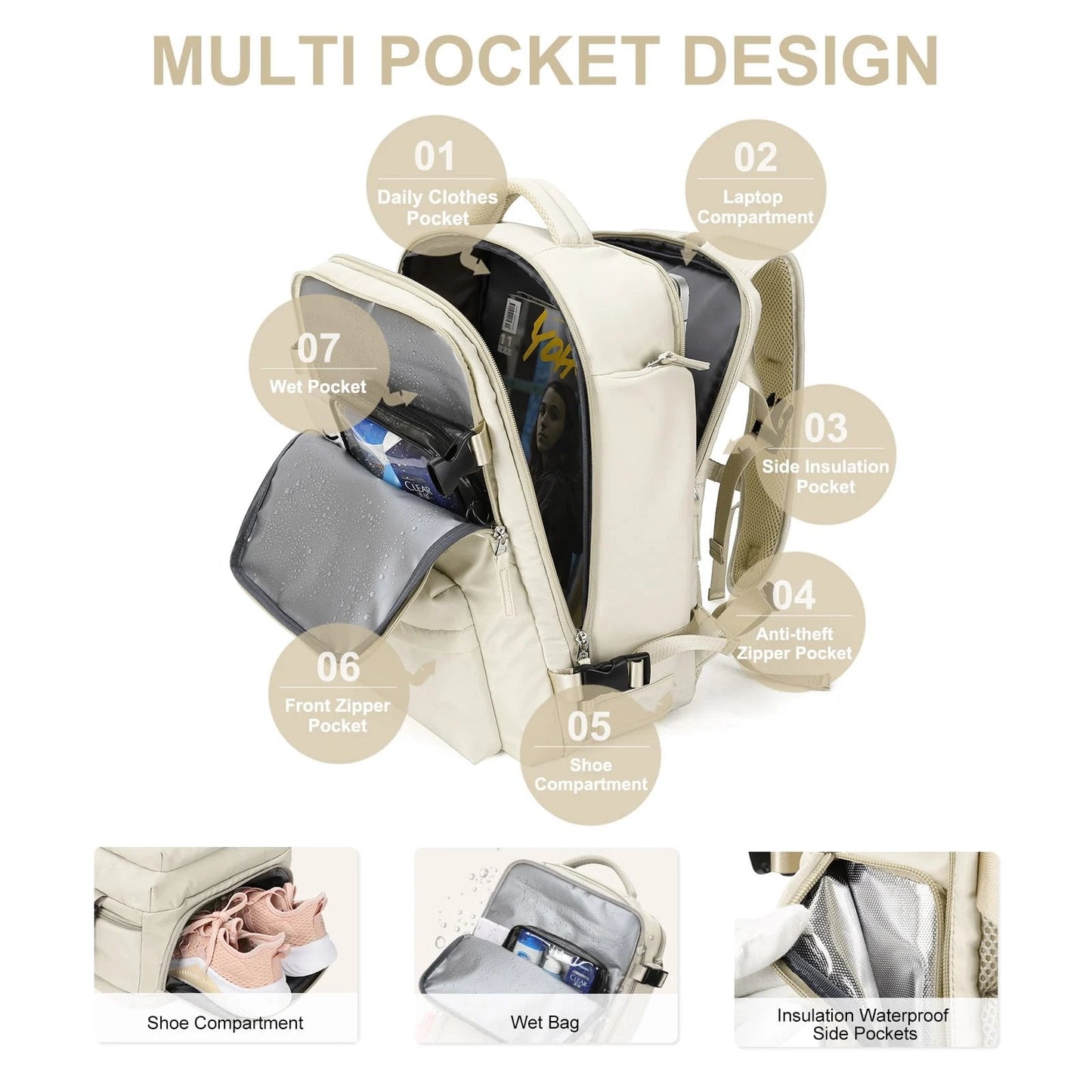 Travelliva Reisrugzak 35 L | Waterdicht & met USB-aansluiting | Antidiefstal & Schoenenvak | Voor Wandelen, Dagelijks Gebruik & Reizen