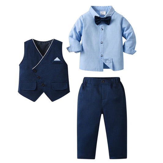 Chic Jongenspak 3-delig – Blauw Overhemd, Gilet en Broek met Strikje