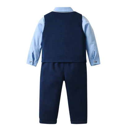 Chic Jongenspak 3-delig – Blauw Overhemd, Gilet en Broek met Strikje
