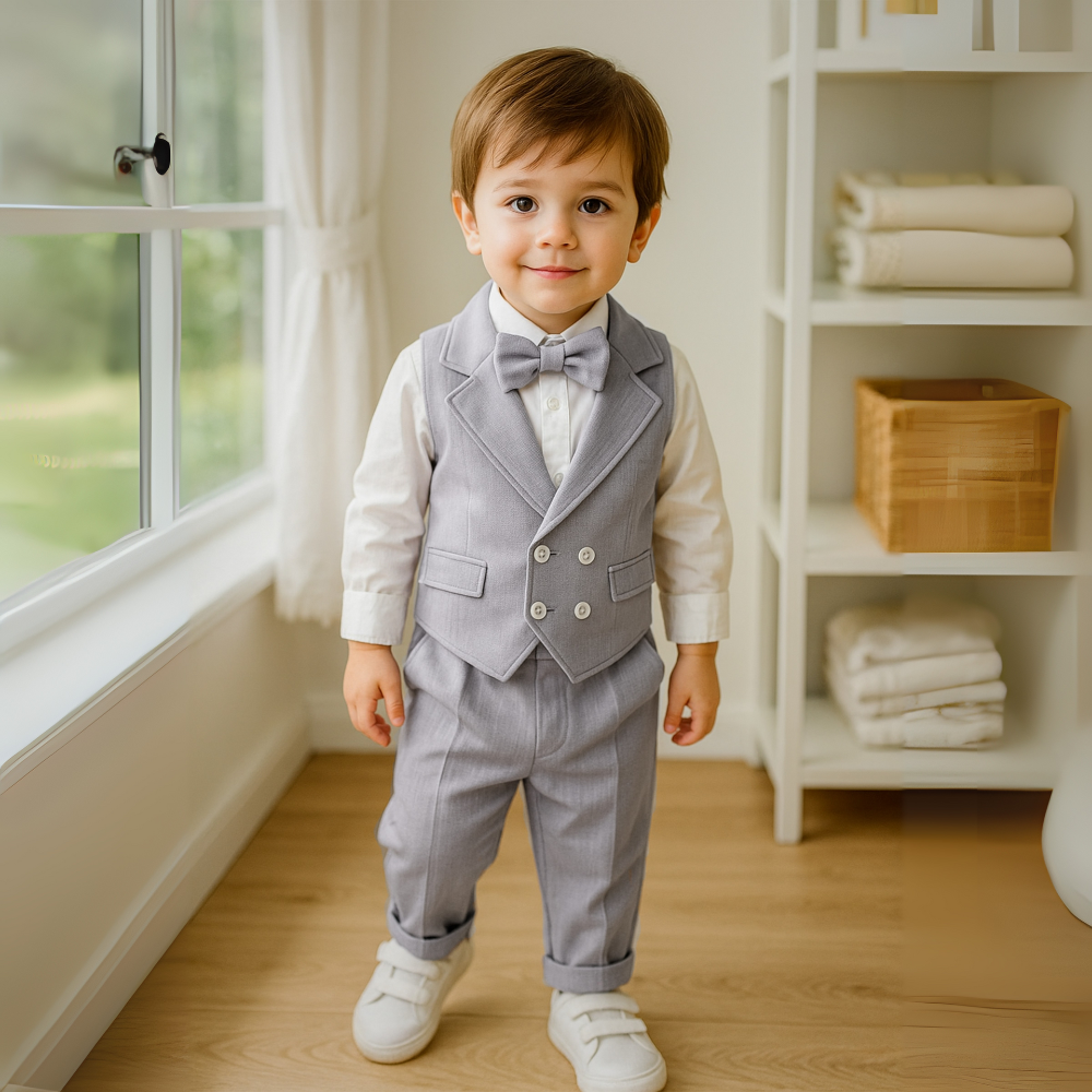 Chic Jongenspak 3-delig – Blauw Overhemd, Gilet en Broek met Strikje
