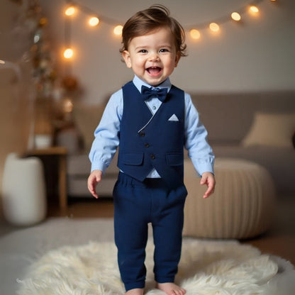 Chic Jongenspak 3-delig – Blauw Overhemd, Gilet en Broek met Strikje