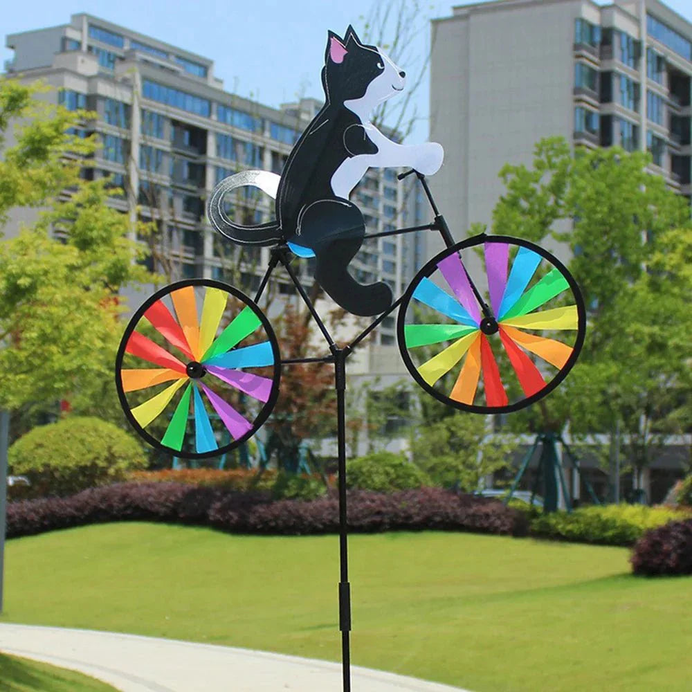 Garden Decoration | Windmill Cat Bicycle | Hand-Painted Figurine | Spinbloom