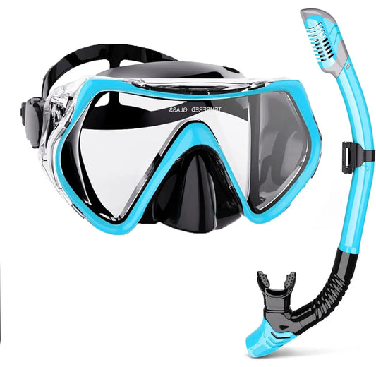 AquaVision Snorkelmaskerset voor Volwassenen | Antifog & Schokbestendig | Siliconen Rand & Trockensnorkel | 180° Gezichtsveld