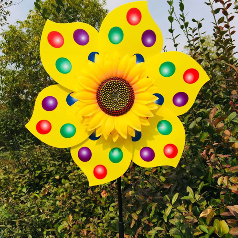 Draaiende zonnebloem-windmolen op stok – decoratieve tuinsteker voor gazon, feestjes en picknicks