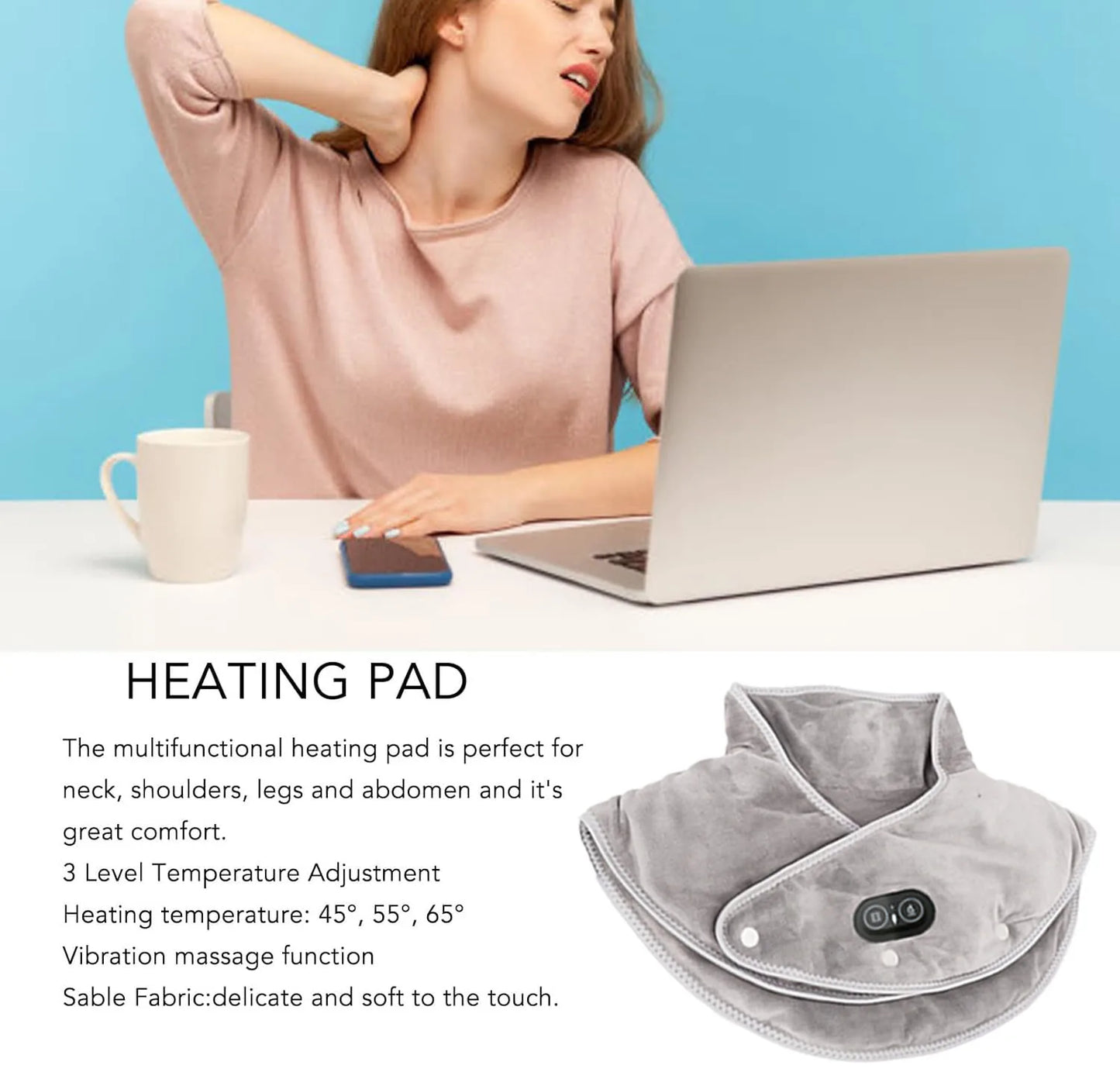 ThermoLiva Warmte-Nek- & Schoudermassager | USB-Verwarmingskussen met Vibratie | 3 Temperatuurinstellingen & Timer | Zacht Pluche
