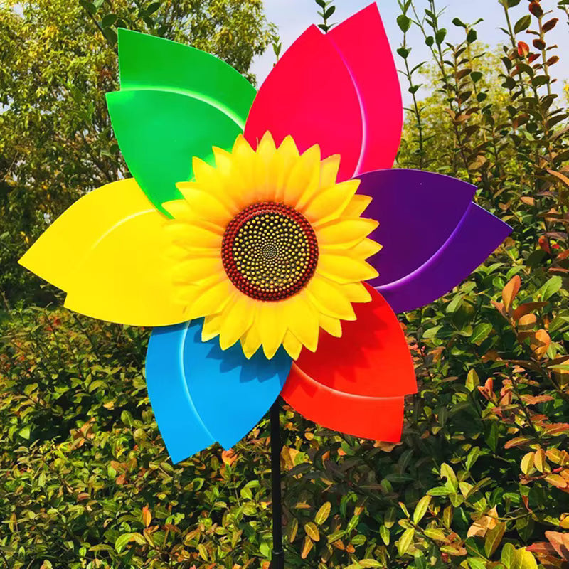 Draaiende zonnebloem-windmolen op stok – decoratieve tuinsteker voor gazon, feestjes en picknicks