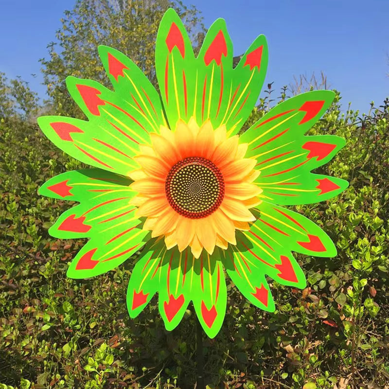 Draaiende zonnebloem-windmolen op stok – decoratieve tuinsteker voor gazon, feestjes en picknicks
