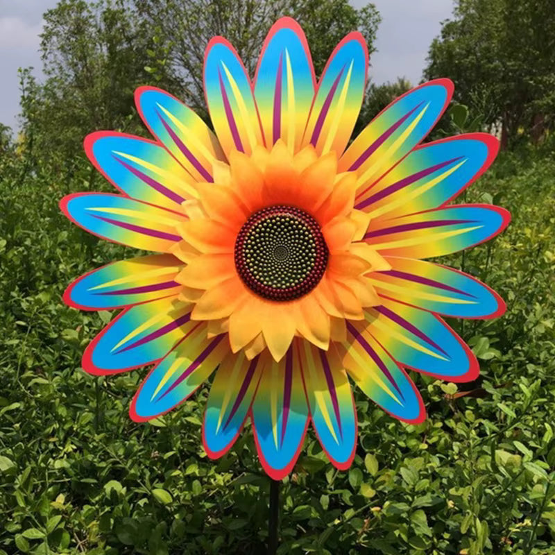 Draaiende zonnebloem-windmolen op stok – decoratieve tuinsteker voor gazon, feestjes en picknicks