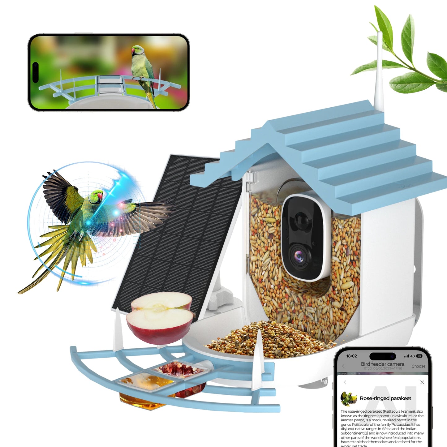 Slimme vogelvoederautomaat met camera op zonne-energie