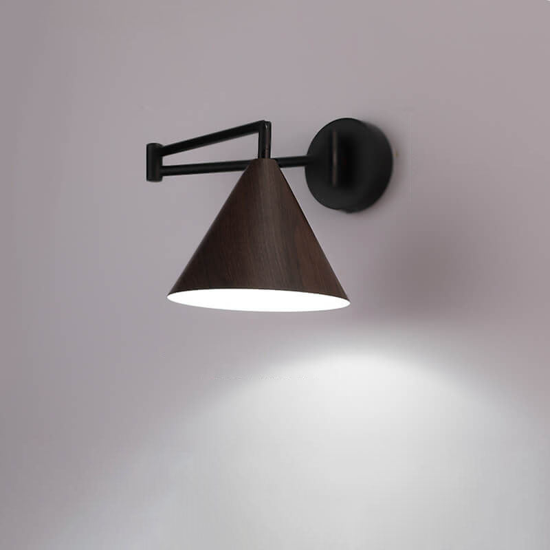 Noordse Minimalistische Kegel Swingarm Houtnerf IJzer 1-Licht Wandlamp