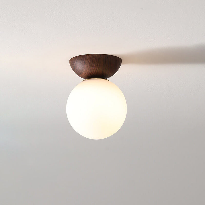 Noordse Japanse Glazen Bol Houtnerf IJzer 1-Lichts Plafondlamp