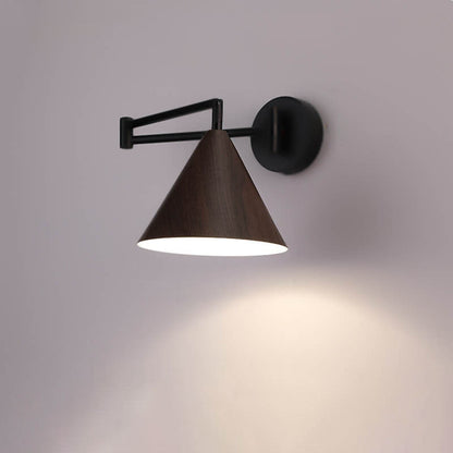 Noordse Minimalistische Kegel Swingarm Houtnerf IJzer 1-Licht Wandlamp