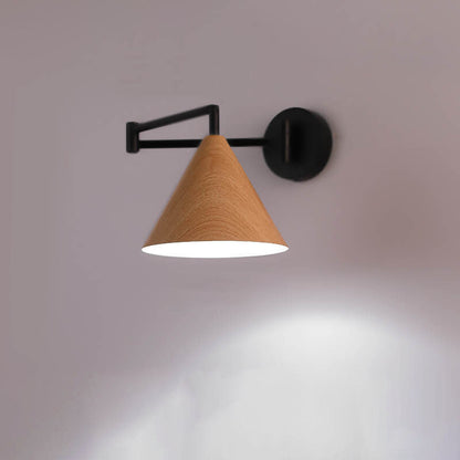 Noordse Minimalistische Kegel Swingarm Houtnerf IJzer 1-Licht Wandlamp