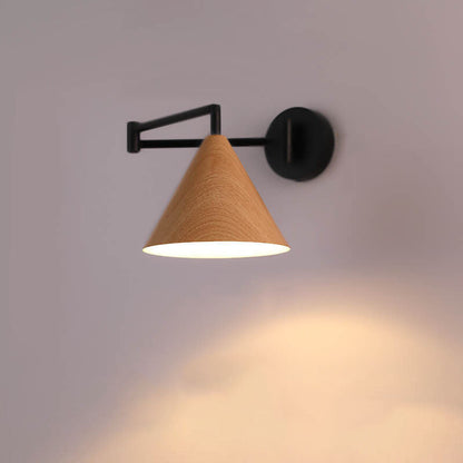 Noordse Minimalistische Kegel Swingarm Houtnerf IJzer 1-Licht Wandlamp