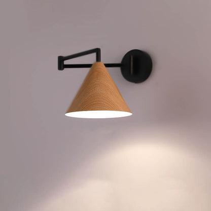Noordse Minimalistische Kegel Swingarm Houtnerf IJzer 1-Licht Wandlamp