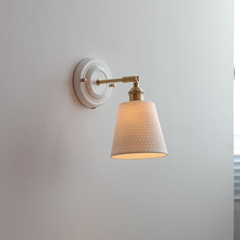Traditionele Vintage Ronde Keramische Messing 1-Licht Wandlamp voor Woonkamer