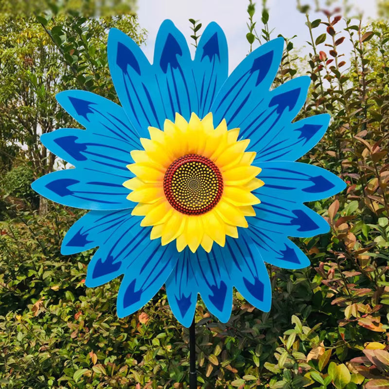 Draaiende zonnebloem-windmolen op stok – decoratieve tuinsteker voor gazon, feestjes en picknicks