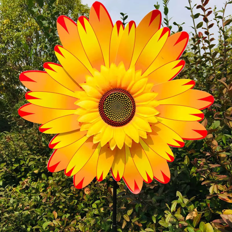 Draaiende zonnebloem-windmolen op stok – decoratieve tuinsteker voor gazon, feestjes en picknicks