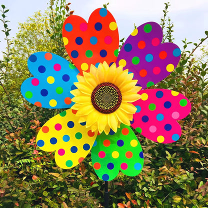 Draaiende zonnebloem-windmolen op stok – decoratieve tuinsteker voor gazon, feestjes en picknicks